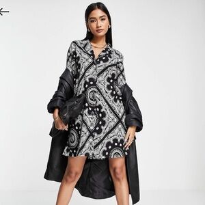 ASOS Design Bandana Shirt Dress Black White Paisley Print Y2K Boho 8